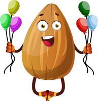 Almond holding colorful balloons, illustration, vector on white background.