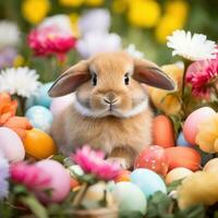 AI generated An adorable bunny rabbit sitting in a bed of flowers, surrounded by Easter eggs photo