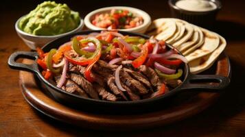 AI generated An appetizing photo of a sizzling plate of fajitas, served with warm tortillas, fresh pico de gallo