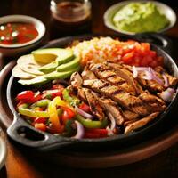 AI generated An appetizing photo of a sizzling plate of fajitas, served with warm tortillas, fresh pico de gallo