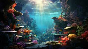 AI generated Coral reefs and fishes in the aquarium photo