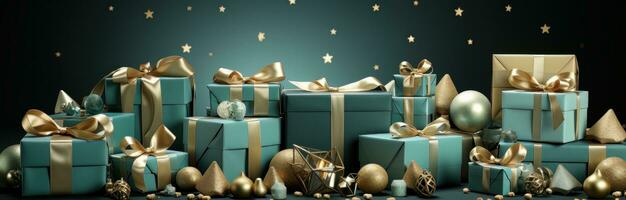 AI generated Christmas green gift box with ribbon. photo
