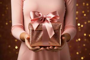 AI generated A pink gift box in hands on a pink background. photo