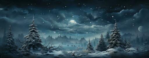 AI generated Winter landscape, falling snow over spruce tree forest at night photo