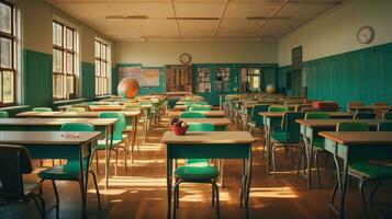 AI generated Empty classroom with chairs and tables. photo