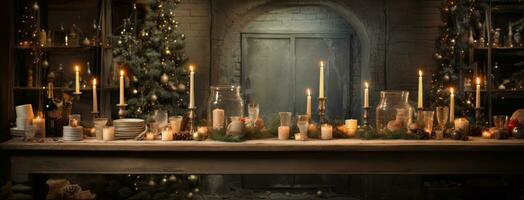 AI generated Garlands is behind the Christmas table. photo
