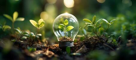 AI generated Electric lightbulb contains green plants with sunlight. photo