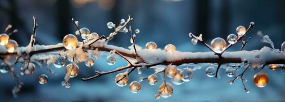 AI generated christmas tree branch with snow and light reflections. photo