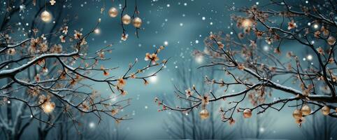AI generated Christmas branches and star lights with snowflakes on blue background photo