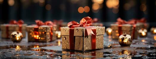 AI generated Gifts with red ribbon. photo