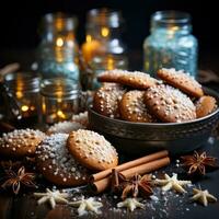 AI generated Christmas cookies and spices. photo