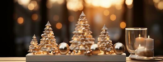 AI generated Gold color Christmas trees on a table photo