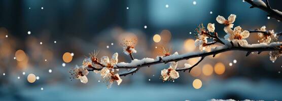 AI generated Christmas background with snowy tree branches photo