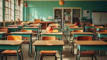 AI generated Empty classroom with chairs and tables. photo