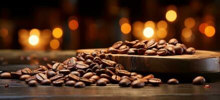 AI generated Roasted coffee beans on a wooden background. photo