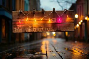 AI generated Bokeh lights wood background. photo
