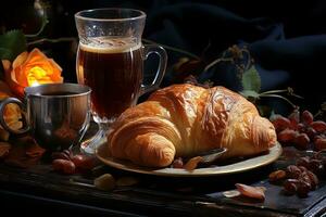 AI generated A glass of coffee with croissants on a table. photo