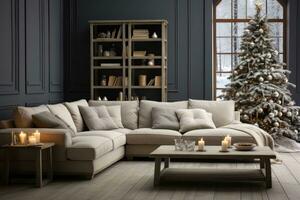 AI generated Christmas tree in living room with couch and table photo