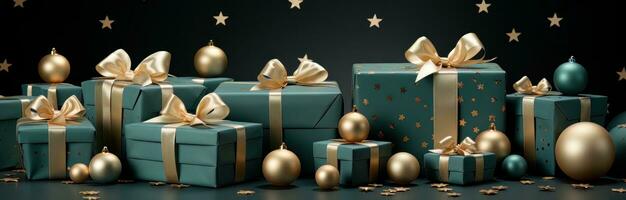 AI generated Green wrapped gift boxes with ribbon. photo