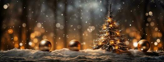 AI generated Golden Christmas tree with decorations and lights. photo