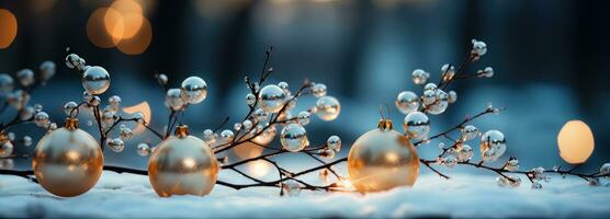 AI generated Christmas tree decorations on snow photo