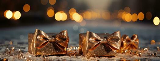 AI generated Gold color gift boxes. photo