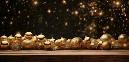 AI generated a wooden table in front of a christmas tree with gold balls photo