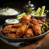 AI generated crispy fried chicken wings, served with a side of creamy blue cheese dressing and celery sticks photo