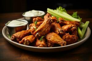 AI generated crispy fried chicken wings, served with a side of creamy blue cheese dressing and celery sticks photo