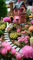 AI generated A whimsical image of a fairy garden, complete with miniature houses, flowers, photo