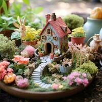 AI generated A whimsical image of a fairy garden, complete with miniature houses, flowers, photo