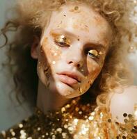 AI generated a young woman with golden glitter eyeshadow on her face photo