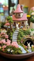 ai generado un caprichoso imagen de un hada jardín, completar con miniatura casas, flores, foto