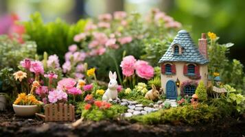 ai generado un caprichoso imagen de un hada jardín, completar con miniatura casas, flores, foto