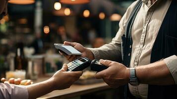 AI generated A shot of a street vendor holding a smartphone while receiving a mobile payment from a customer photo