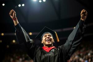 ai generado un graduado en un gorra y vestido, lanzamiento su manos arriba en celebracion de su logro. foto
