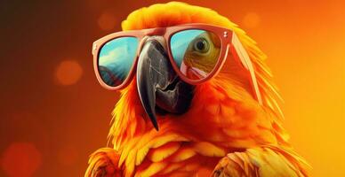 ai generado un loro en Gafas de sol en un naranja antecedentes foto