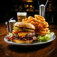 AI generated A mouth-watering image of a juicy hamburger piled high with lettuce, tomato, and cheese photo