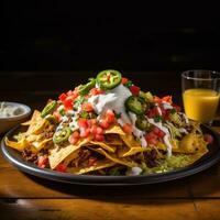 AI generated A mouth-watering image of a heaping plate of loaded nachos photo