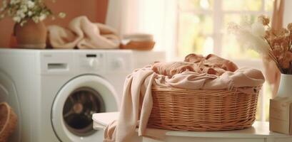 AI generated a laundry basket is placed n a small table in front of a washing machine photo