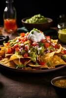 AI generated A mouth-watering image of a heaping plate of loaded nachos photo