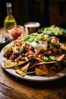 AI generated A mouth-watering image of a heaping plate of loaded nachos photo