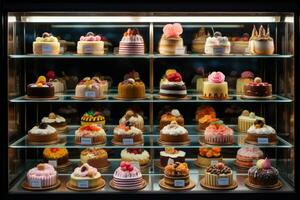 AI generated a long display of cakes in a glass cabinet photo