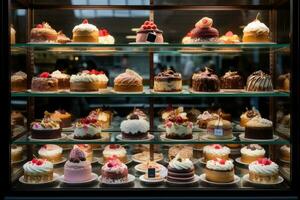 AI generated a long display of cakes in a glass cabinet photo