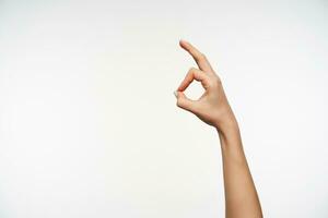 Elegant hand of young female raising hand with folded fingers, showing ok gesture while posing over white background. Human body language and gesturing photo