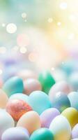 AI generated A colorful spring background with pastel-colored Easter eggs scattered throughout the image photo