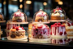 AI generated a display of cakes in a glass case, photo