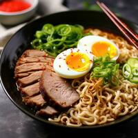 ai generado un digno de babear imagen de un picante cuenco de ramen fideos, coronado con rebanadas de oferta Cerdo foto