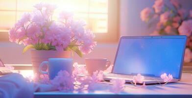 AI generated a desk is filled with flowers sitting next to a computer, photo