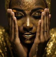 AI generated a female with gold glitter covering her face photo